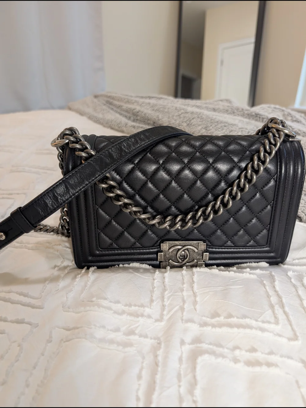 Chanel Black Quilted Leather Boy Bag with Chain Strap